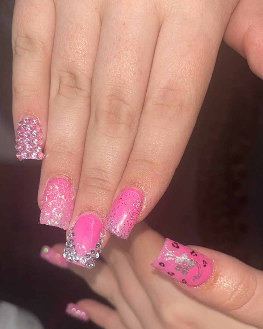 Hot pink set with rhinestone clusters and leopard print accents